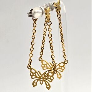 Vintage Earrings Butterfly Stud & Drop Attached Back Chain Gold Tone Unbranded